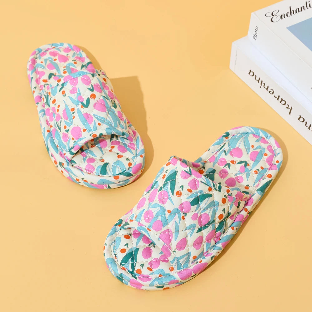 Summer Women Home Slippers Soft Cotton Floral Floor Shoes Antislip