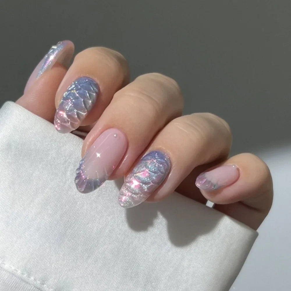 Long Almond False Nails French Leopard Star Press Fake DIY Manicure