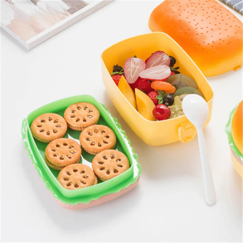 Hamburger Lunch Box Double Tier Cute Burger Bento Box Microwave Food Container Fork Tableware Set Zpaxo