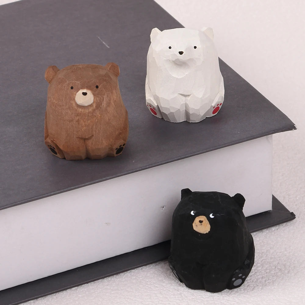 Mini Wooden Bear Figurine Handcrafted Miniature Polar Bear Animal Figurines Office Home Decor Art Carving Work Zpaxo