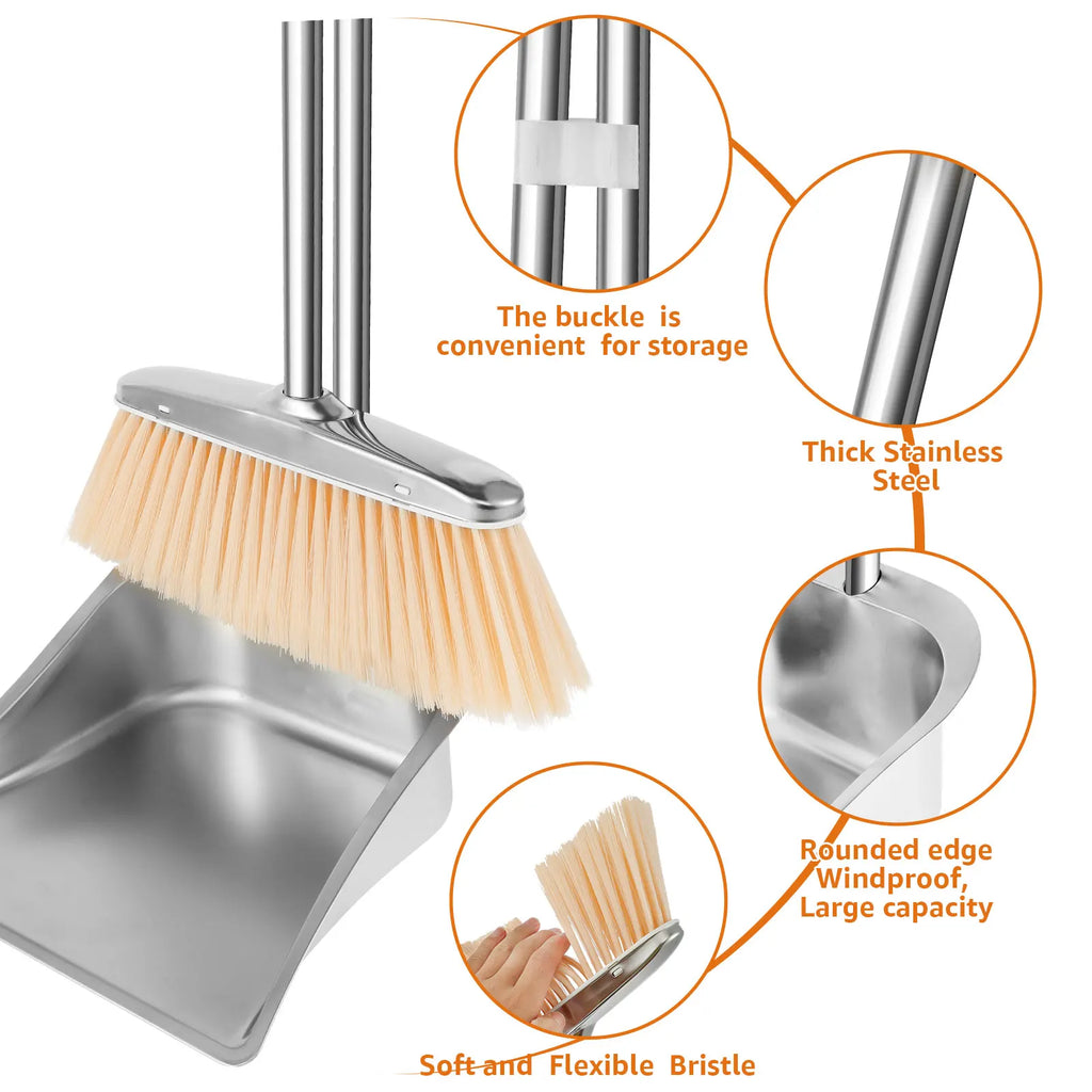 Broom and Dustpan Set Long Handle Upright Stainless Steel Dustpan Broom Set Portable Household Cleaning Tools for Home Office Zpaxo