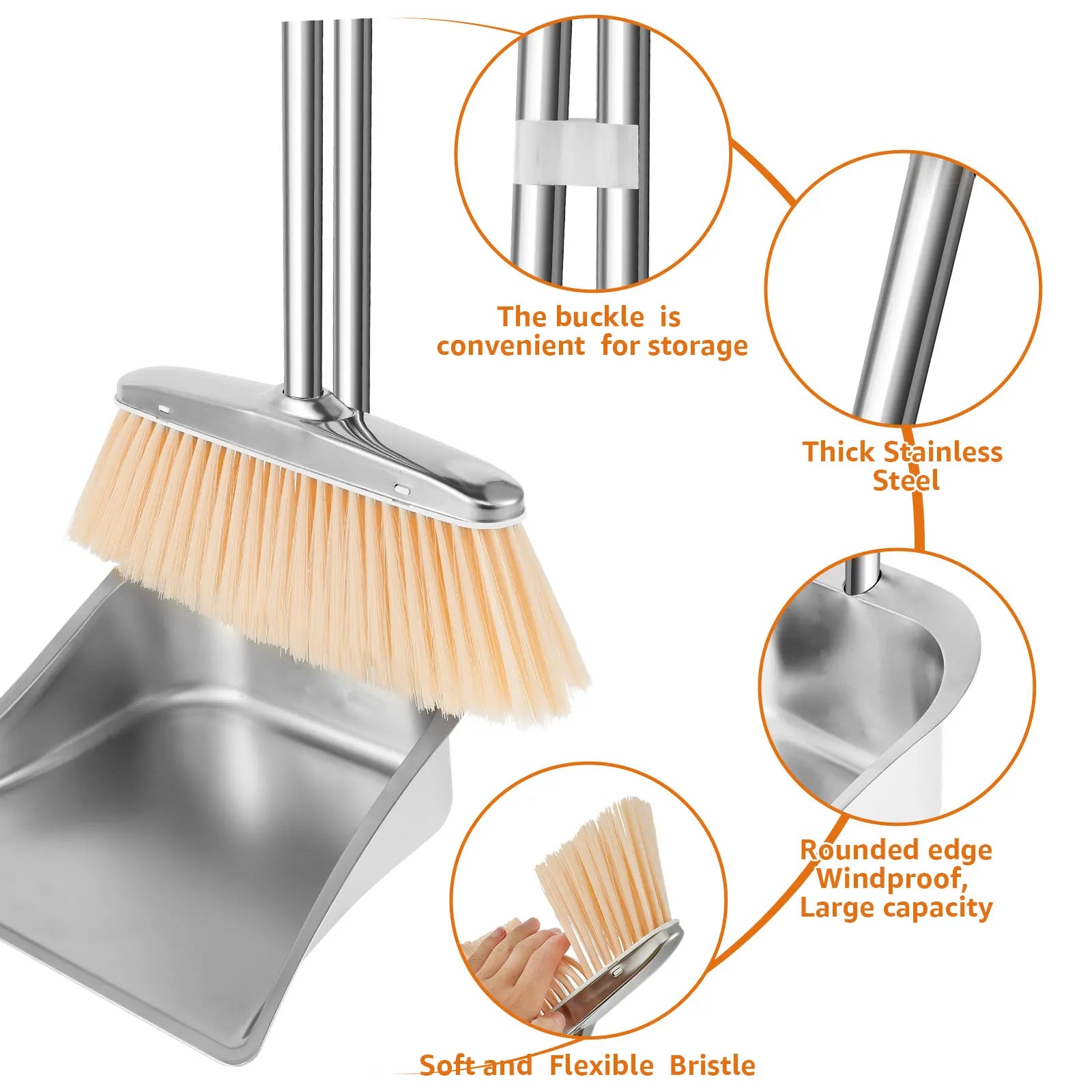 Broom and Dustpan Set Long Handle Upright Stainless Steel Dustpan Broom Set Portable Household Cleaning Tools for Home Office Zpaxo