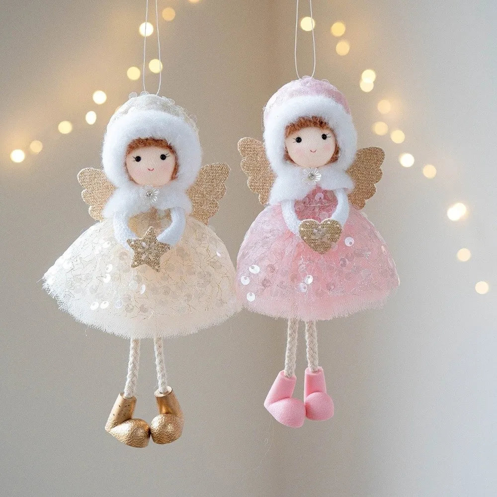 Cute Christmas Girl Pendant Plush White Mesh Girl Hanging Ornament Shiny Golden Wings Tulle Dress Christmas Tree Decorations Zpaxo