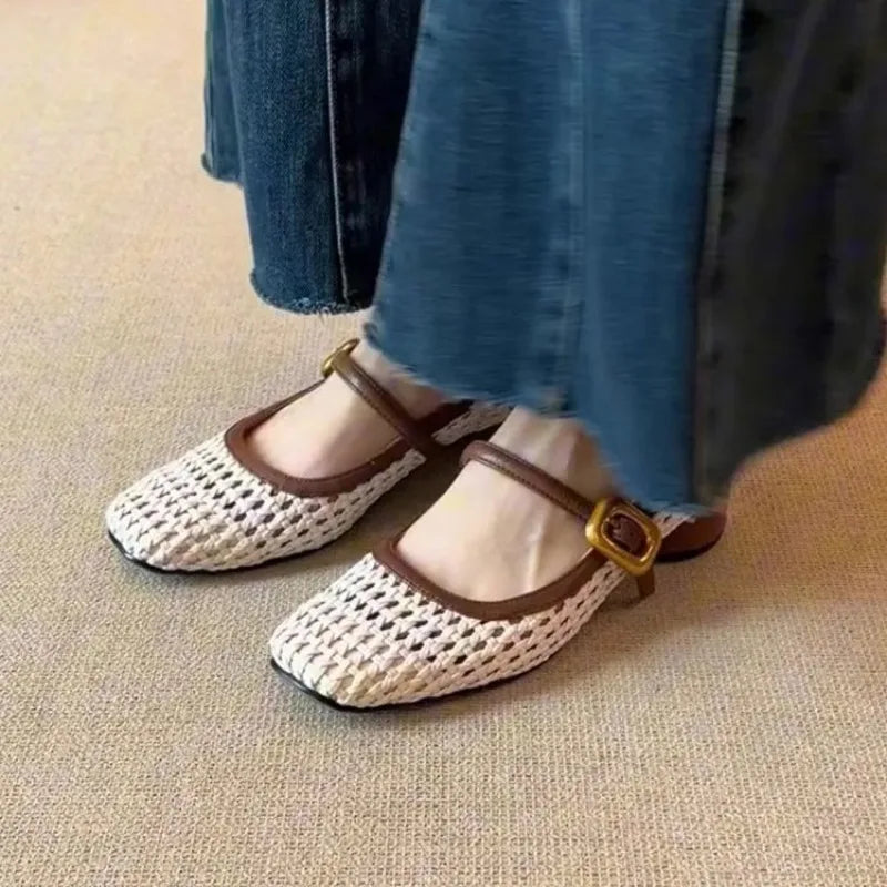 Vintage Leather Square Toe Woven Hollow-out Mary Jane Shoes Women's