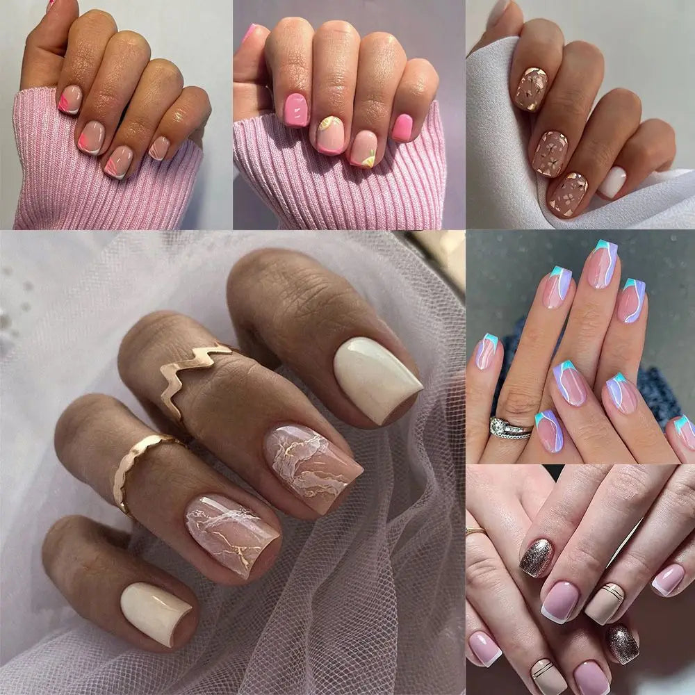 24pcs Short Round False Nails Summer Sweet Grapefruit Aurora Borealis French Zebra Full Cover Detachable Nail Tips Zpaxo