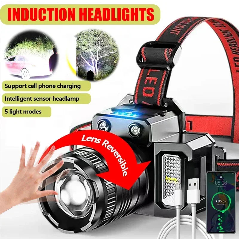 LED Induction Headlamp USB Rechargeable Zoomable Head Torch