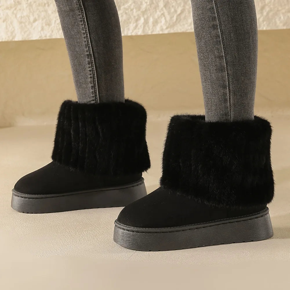 Shoes Women Winter Women's Boots Black Round Toe Solid Flock Plush
