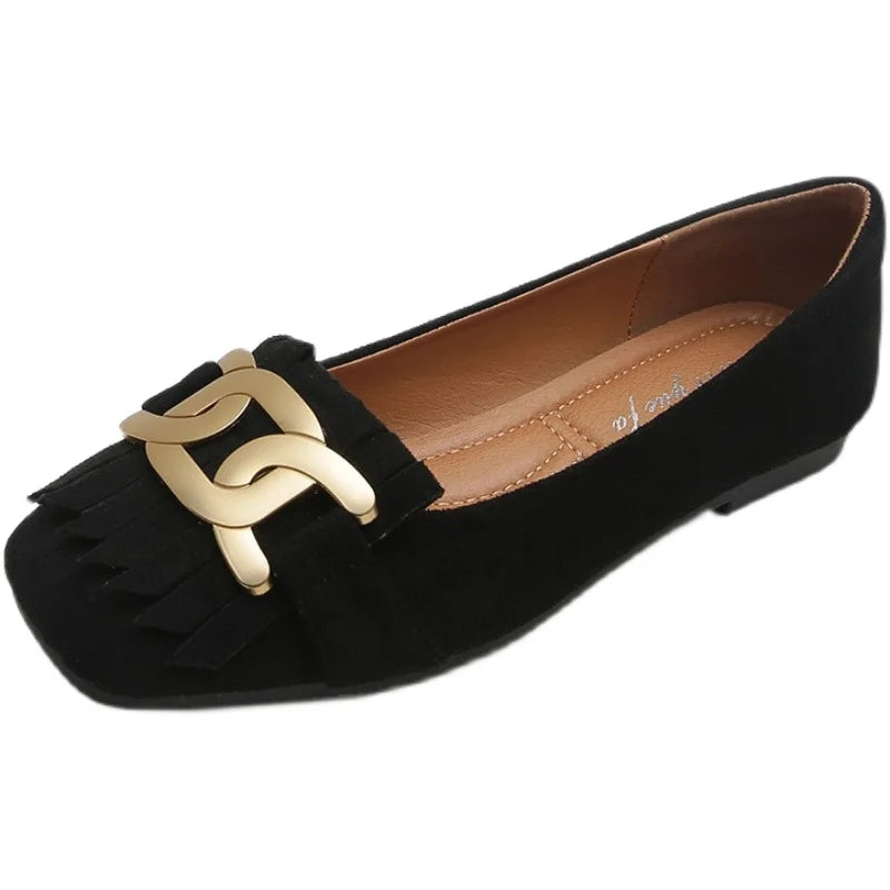 Flat Shoes Woman Retro Tassels Square Shallow Single Shoes for Women 2023 New Metal Buckle Flat Loafers Women Big Size 45 45 46 Zpaxo