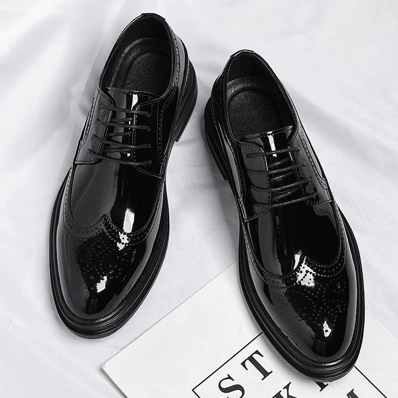 Glossy Patent Leather Brogue Perforated Carved Formal Dress Shoes Zpaxo