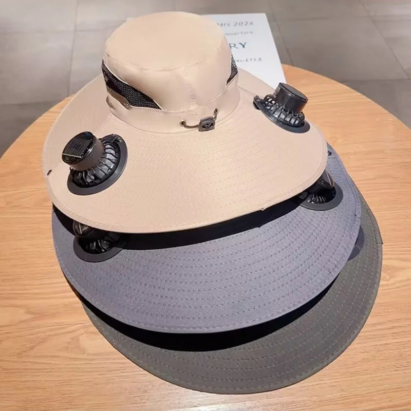 Outdoor Solar Fan Bucket Hat Travel Fishing Sunscreen Big Brim Sun Zpaxo