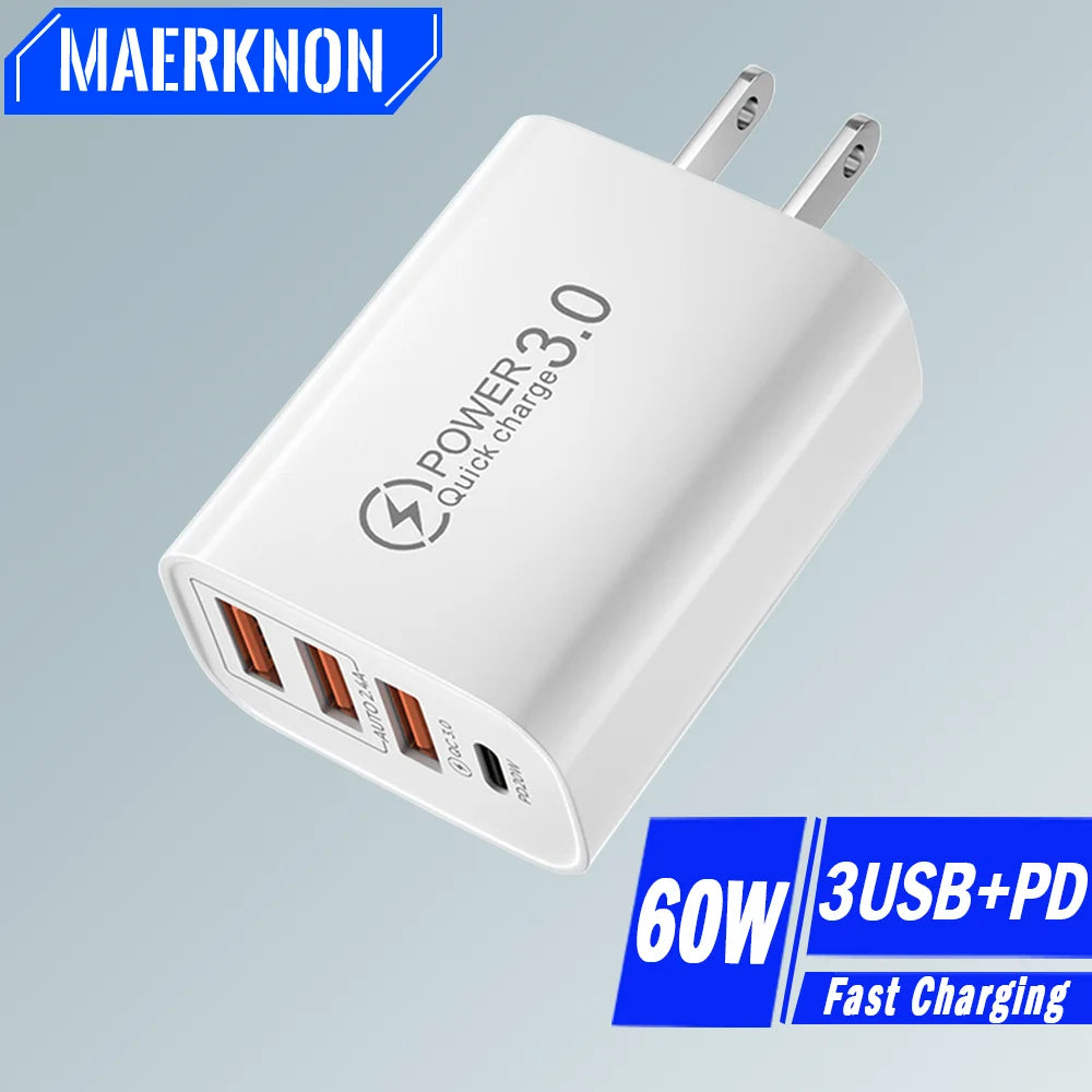 60W 4-Port USB Wall Charger – PD USB-C & Quick Charge 3.0 USB Wall Charger Zpaxo