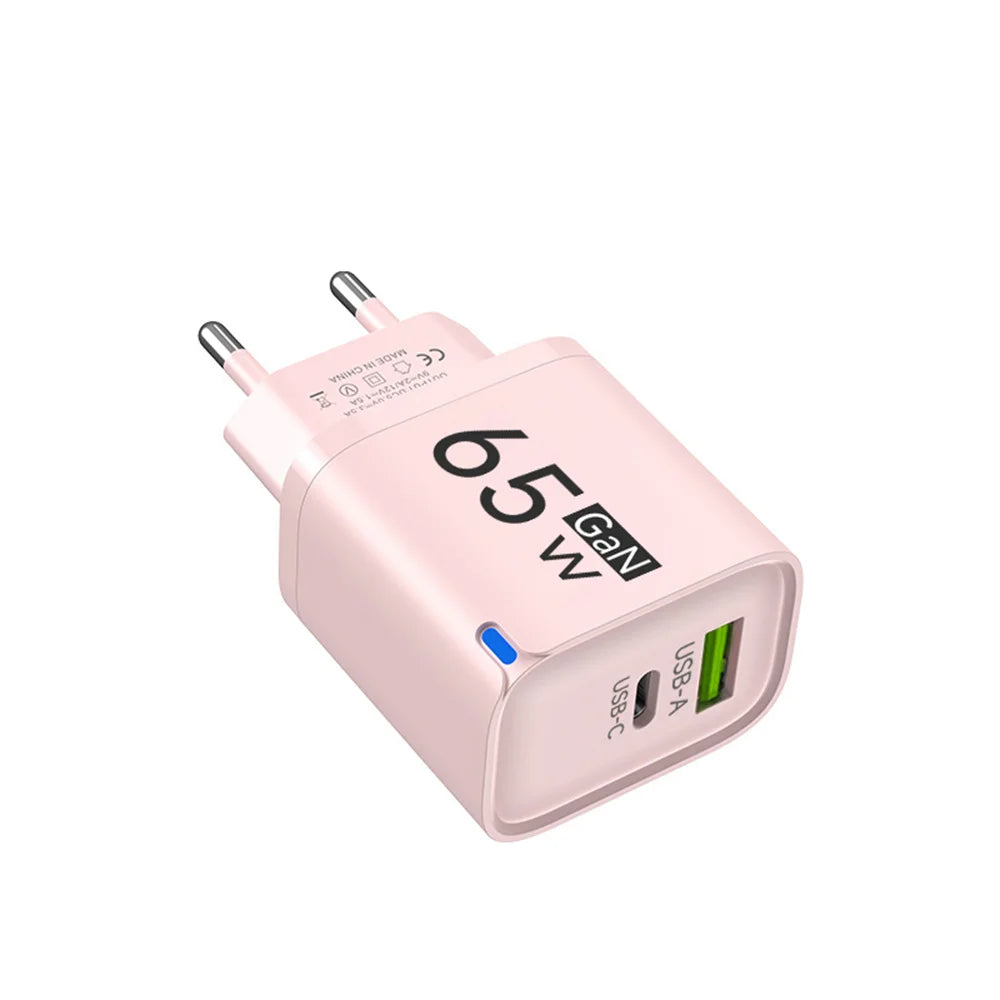 65W GaN USB-C Fast Charger – US/EU/UK Plug | PD Quick Charge USB-C Wall Charger Zpaxo EU Pink