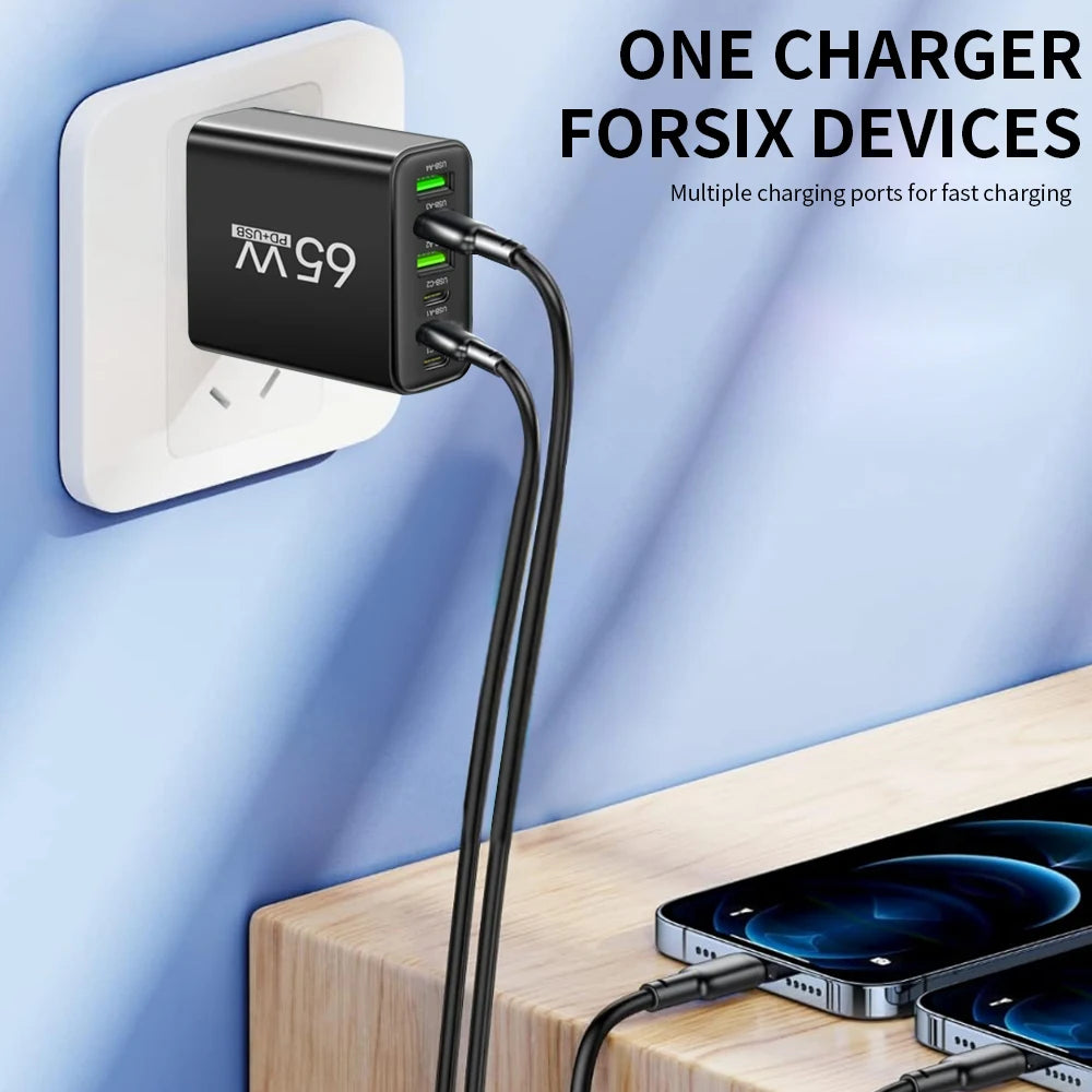 USB C Charger Total 65W PD Fast Charging Mobile Phone Type C Multiple 6 Ports Wall Adapter for iPhone 15 Xiaomi Huawei Samsung Zpaxo