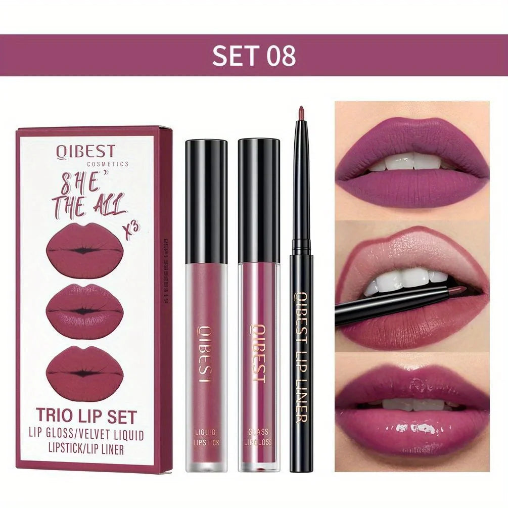 3 in 1 Lipstick and Lipliner Set, Long Lasting Waterproof Lip Stain Liquid Lipgloss Set for Women Halloween Gothic Makeup Zpaxo 08