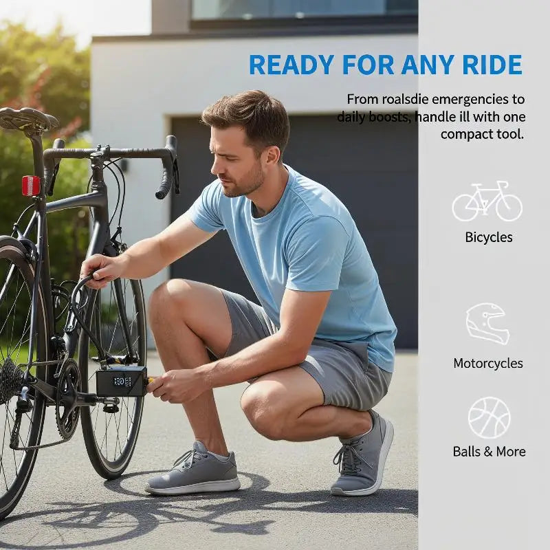 Portable Electric Bike Pump 150PSI – Digital Display & USB-C