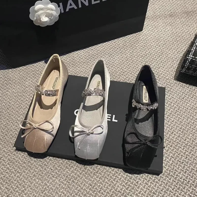 Square Toe Flat Shoes for Women Rhinestone Spring Autumn 2025 New Ballet Shoes Mary Jane Shoes for Women Big Size 42 43 44 Zpaxo