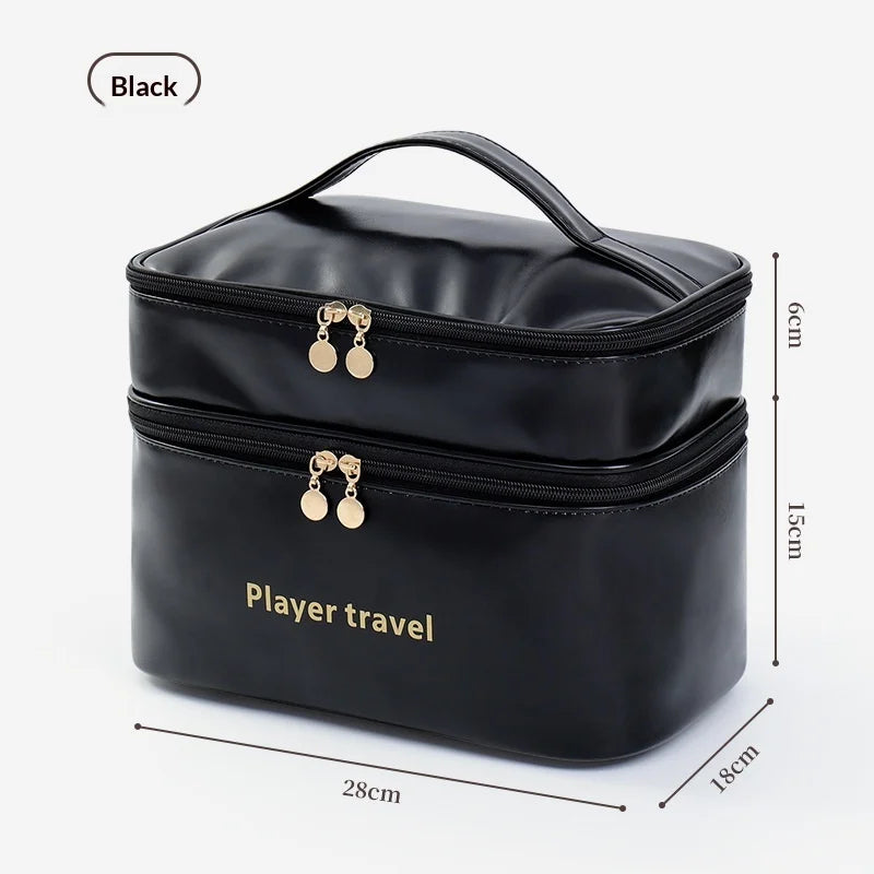New Double Layered Portable Large Capacity Toiletry Bag Pu Waterproof Makeup Bag Travel Portable Toiletries Cosmetic Storage Bag Zpaxo Black