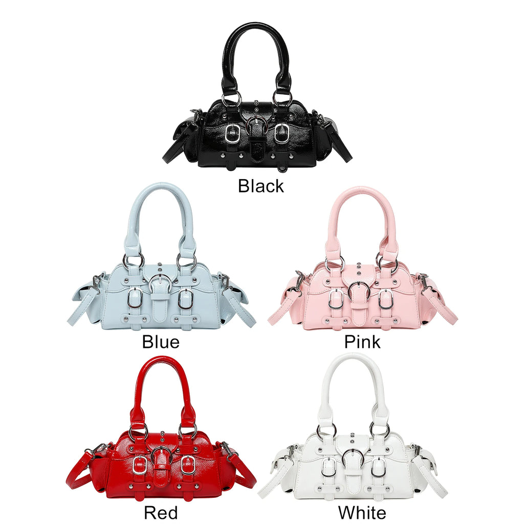 Women Girls PU Leather Solid Shoulder Bag Zipper Studded Handbag