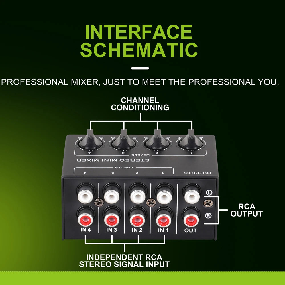 Professional Stereo 4 Channel Passive Mixer for Live Studio Recording Low Noise No External Power Supply Adjustment Sound Mixer Zpaxo