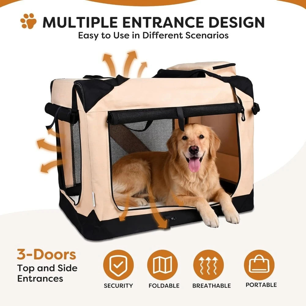 Foldable 3-Door Soft Dog Crate | Travel Pet Carrier with Mat