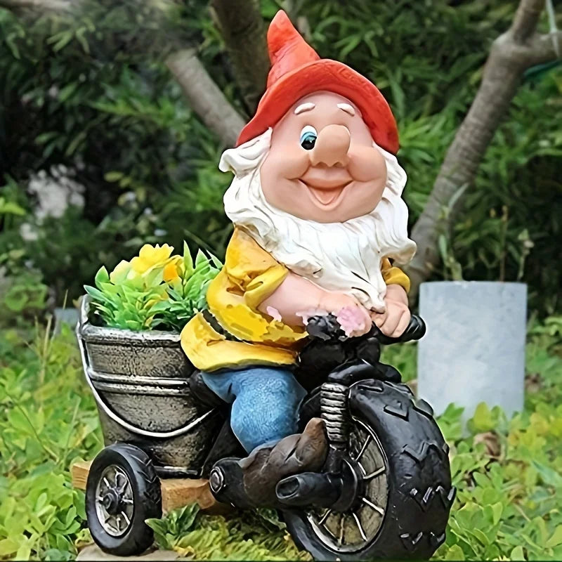 Bicycle Gnome Flower Dwarf Patio Statue Garden Decorative Sculpture