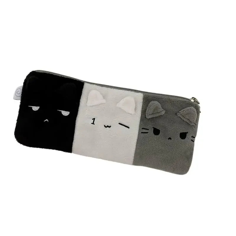 1Pcs Black White And Gray Kitten Pencil Case Plush Cute Cat Storage Bag Large Capacity Cartoon Stationery Case For Student Zpaxo
