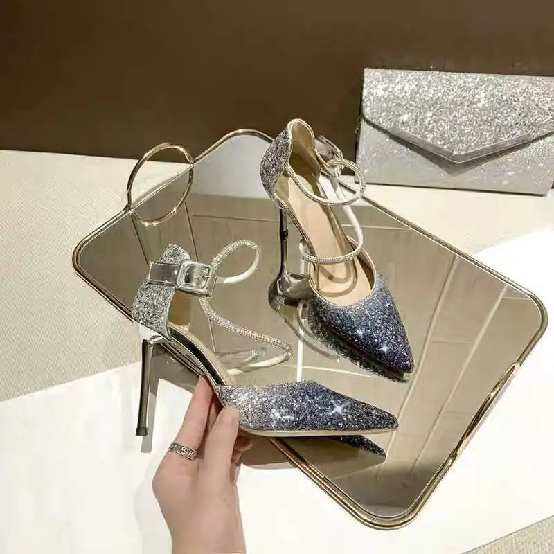 French Girl Gradient Heels 2025 Arrival Sequin Crystal Wedding Shoes Zpaxo Silver 38