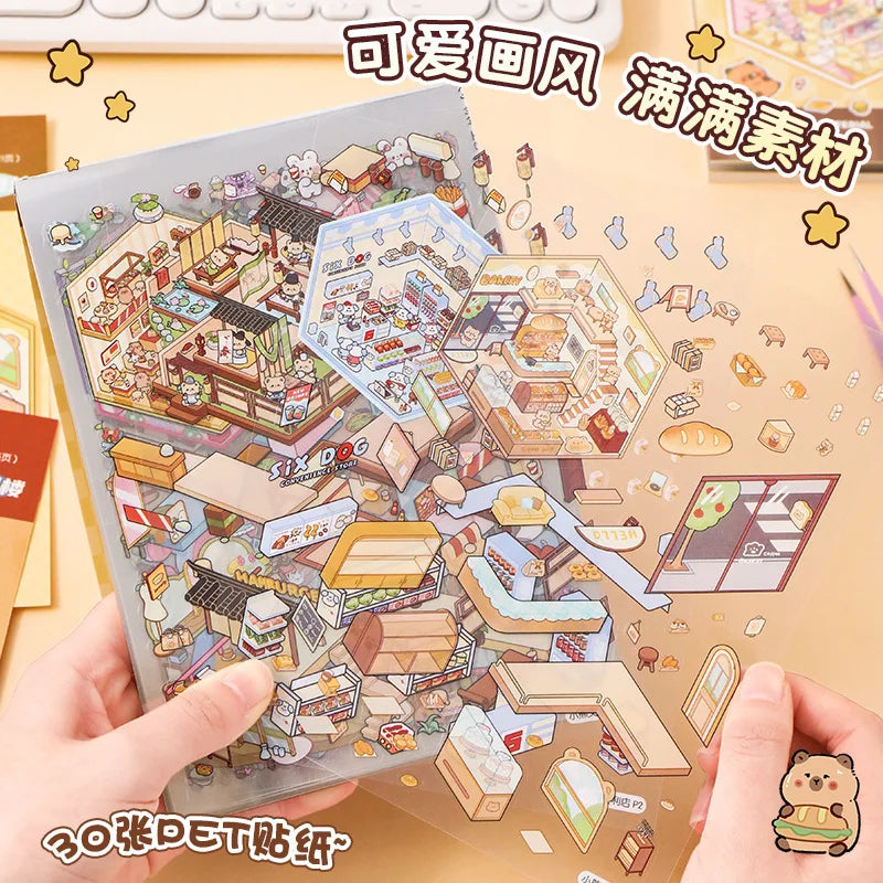 3D Cartoon Sticker Book DIY Landscape Stickers Pocket Cabin Scene Zpaxo