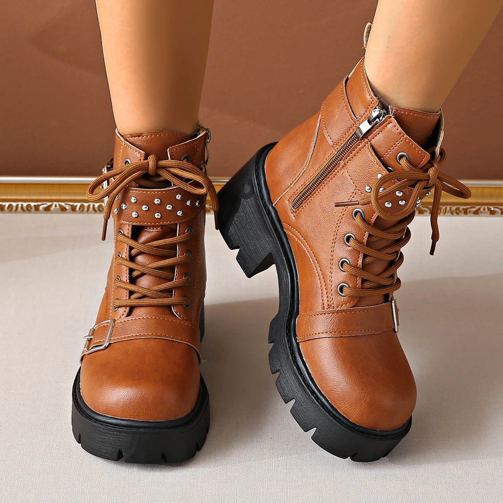 Women Ankle Boots 2025 New Fashion Lace Up Shoes Comfortable Luxury Buckle Strap Boots Women Solid Chunky Heel Mid-Calf Boots Zpaxo