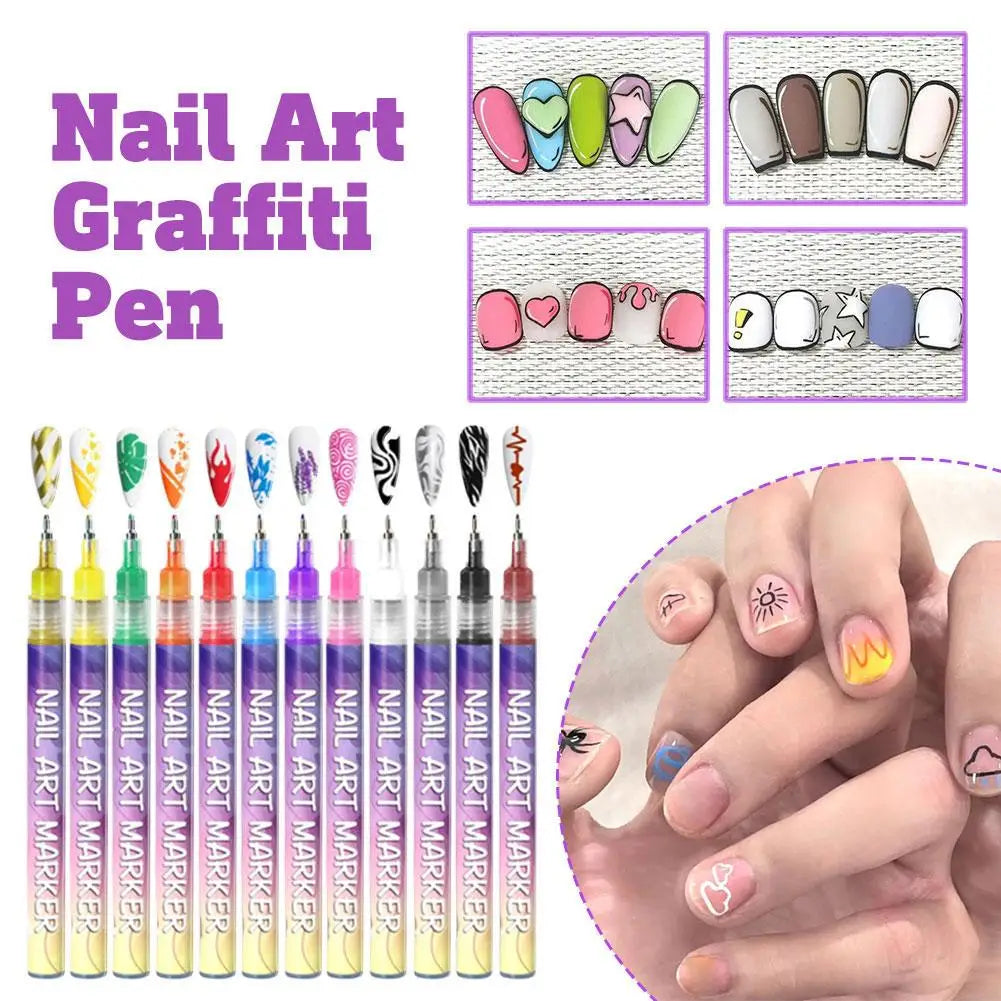12 Colors 3D Nail Graffiti Pen Set 12Pcs Waterproof Quick Drying Acrylic Dotting Liner DIY Artistic Beauty Nail Tool Zpaxo