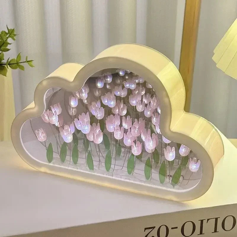 Cloud Tulip Night Light Handmade Material Flower Mirror Creative Atmosphere Lamp Valentine's Day Birthday Gift Home Decor DIY Zpaxo Pink