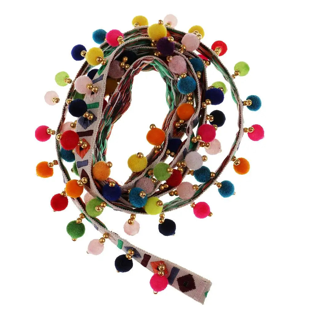 1 Yard Rainbow Color Ethnic Tassel Ribbon Fringe Trim Pom Pom Bobble Lace Colored Trims Ribbon DIY Sewing Crafts Zpaxo White