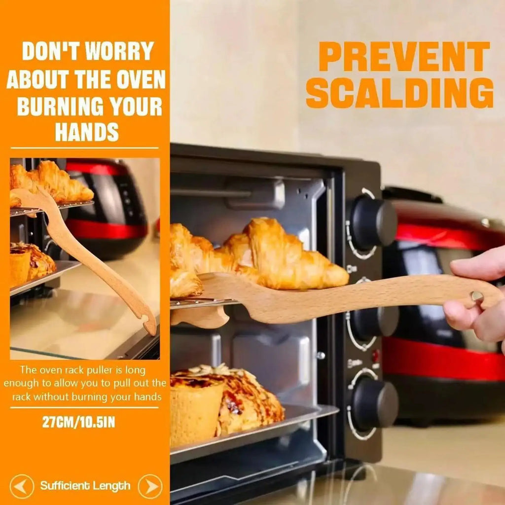 Oven Rack Puller Tool Wooden Long Handle Heat Safe Kitchen Gadget