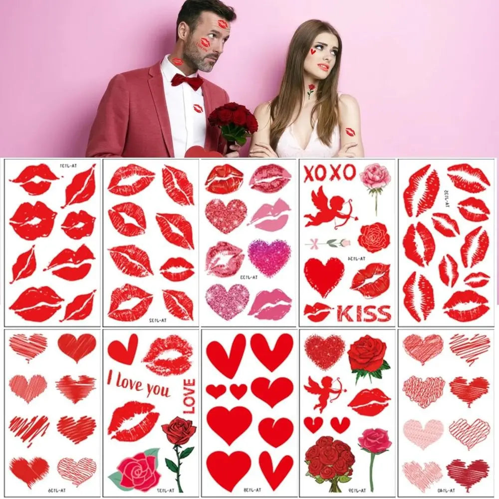 Valentine's Day Temporary Tattoo Stickers Lips Kiss Heart Waterproof Zpaxo