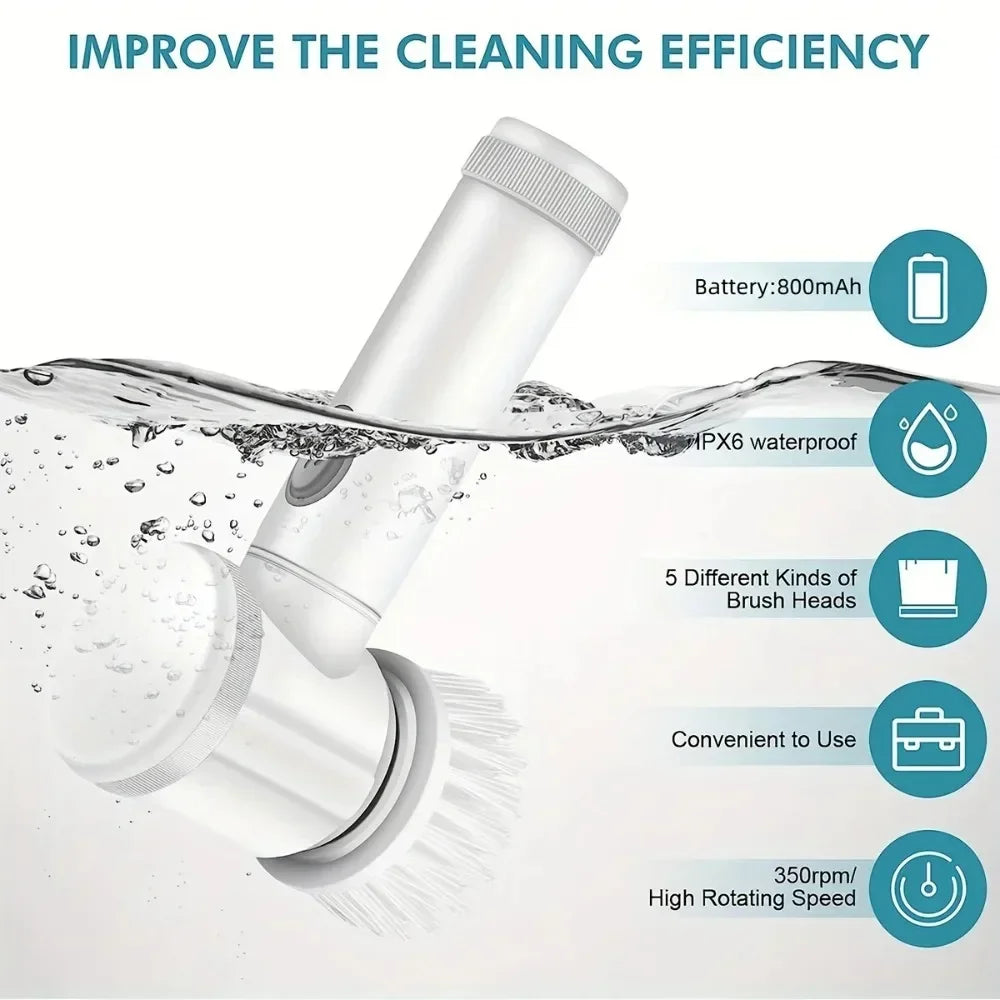 Power Scrubber 5 Replaceable Brush Heads Electric Spin Bathroom