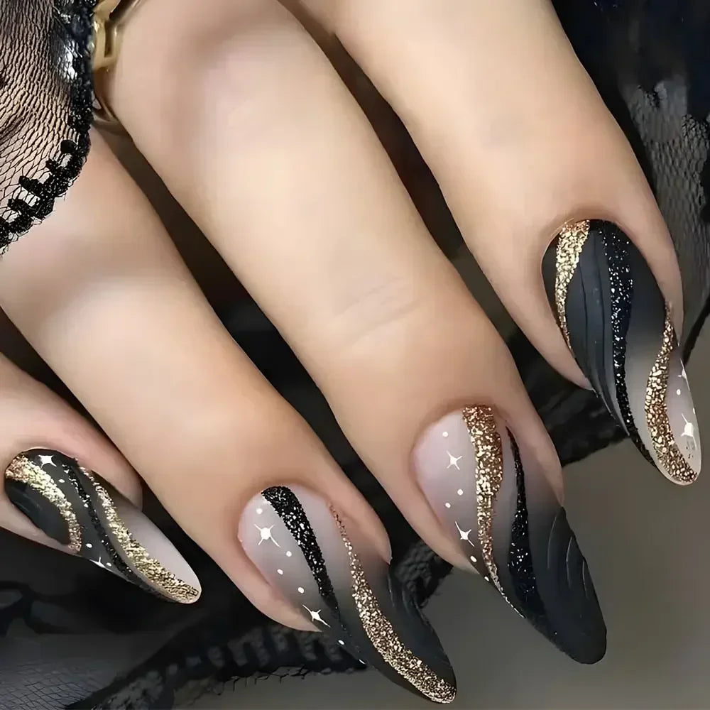 Long Almond False Nails French Leopard Star Press Fake DIY Manicure