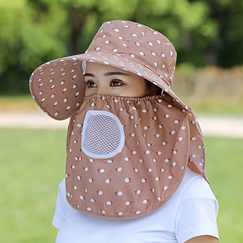 Purple Floral Wide Brim Sun Hat Face Mask Lightweight Breathable UV