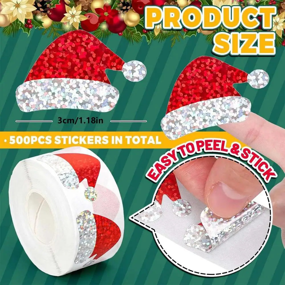 Santa Hat Stickers Roll 500 Christmas Adhesive Holiday Seals Decals
