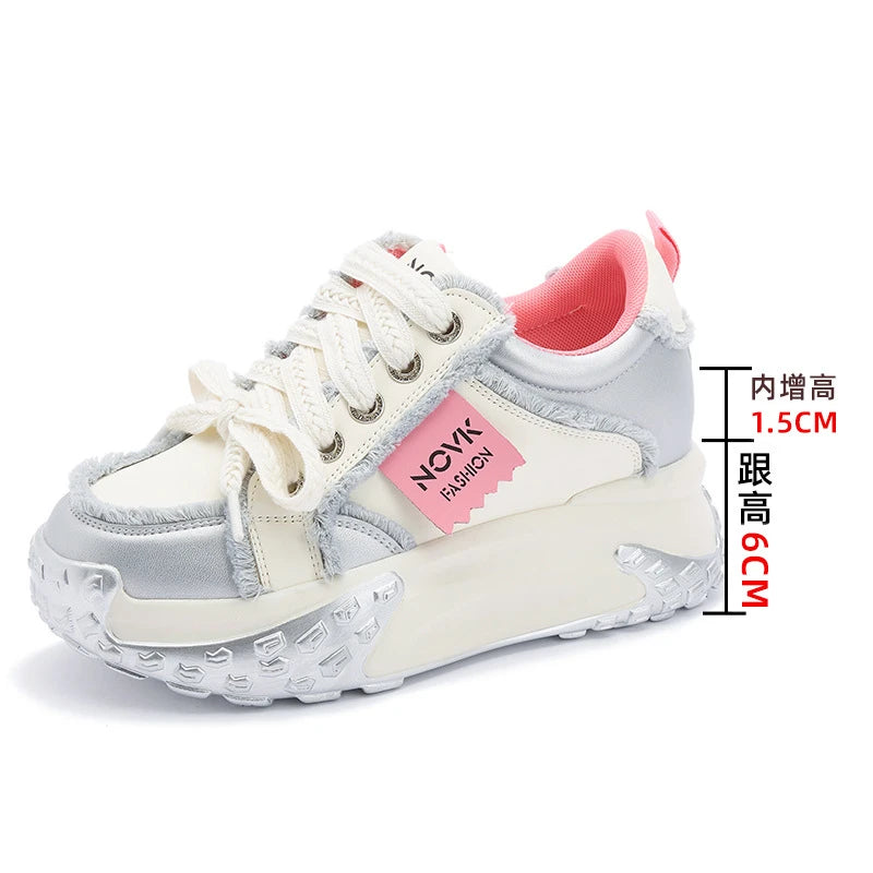 Women's Platform Chunky Sneakers Lace Up Design Sport Tag Detail Two Zpaxo 5315 Silver 35