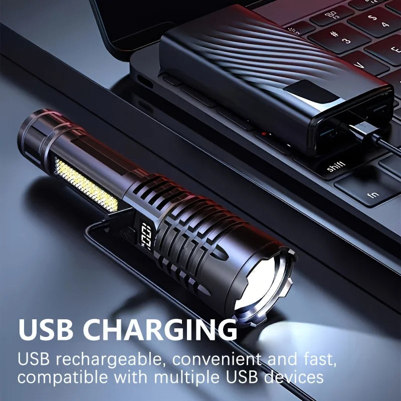 LED Zoomable Flashlight USB Rechargeable LCD Battery Display