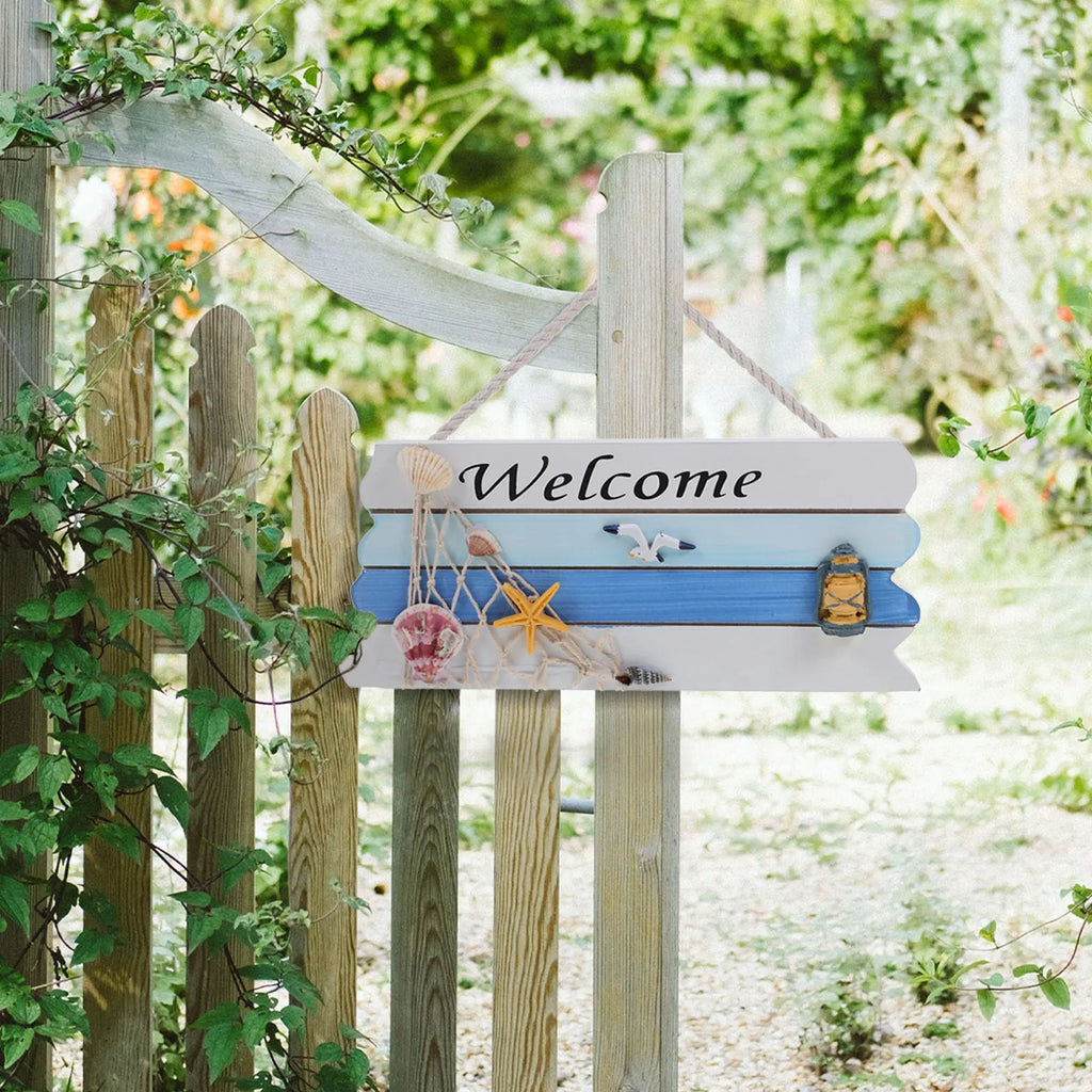 Wooden Welcome Hanging Sign Hand-painted Blue Mediterranean Door