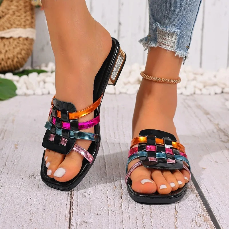 Women's Square Open Toe Hollow Out Breathable Comfortable Mid Heel Zpaxo