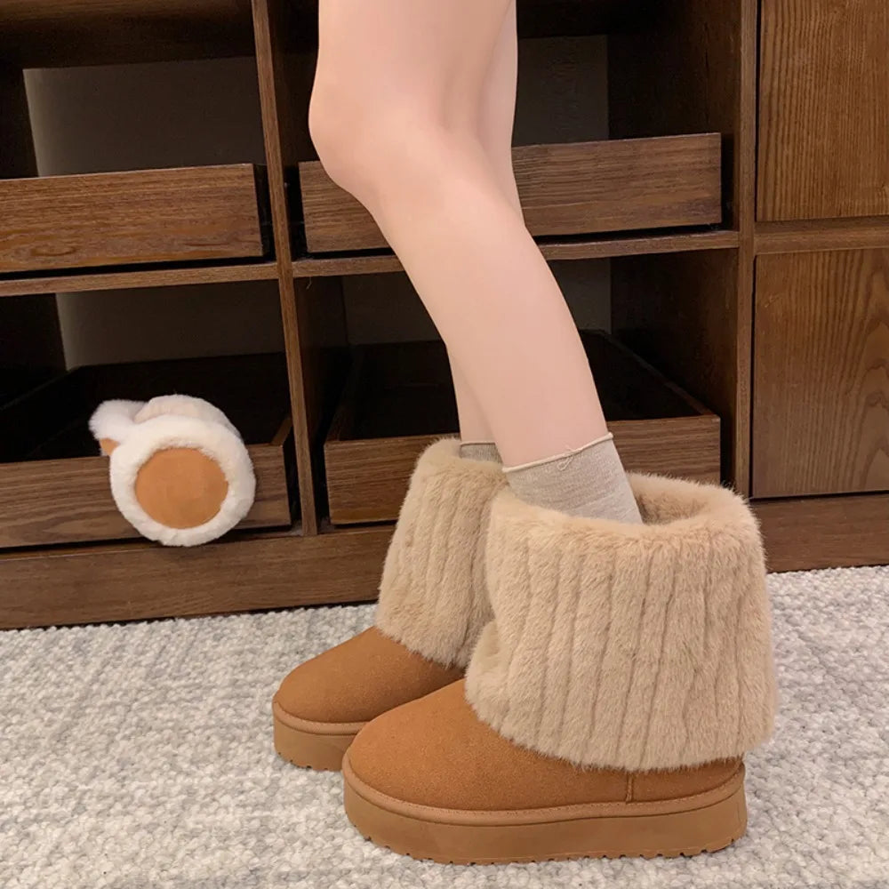 Fashion Women Round Toe Warm Thickened Plush Winter Beige Mid-calf