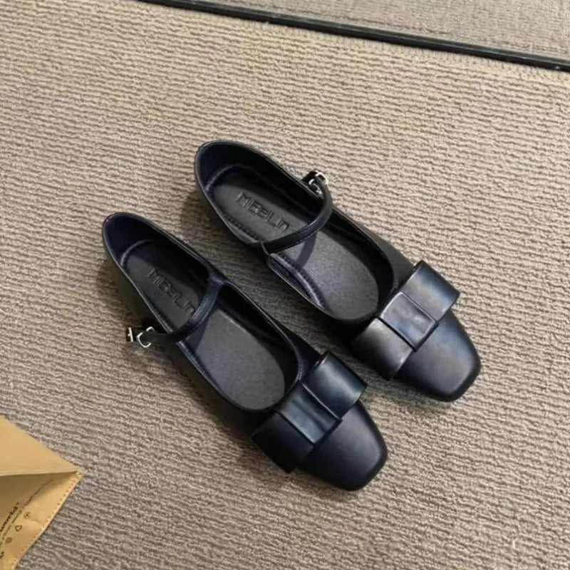 Flat Shoes for Women Spring Autumn 2025 New Velvet Mary Jane Shoes Bow Tie Square Toe Ballet Plus Size 43 44 Women's Shoes Zpaxo