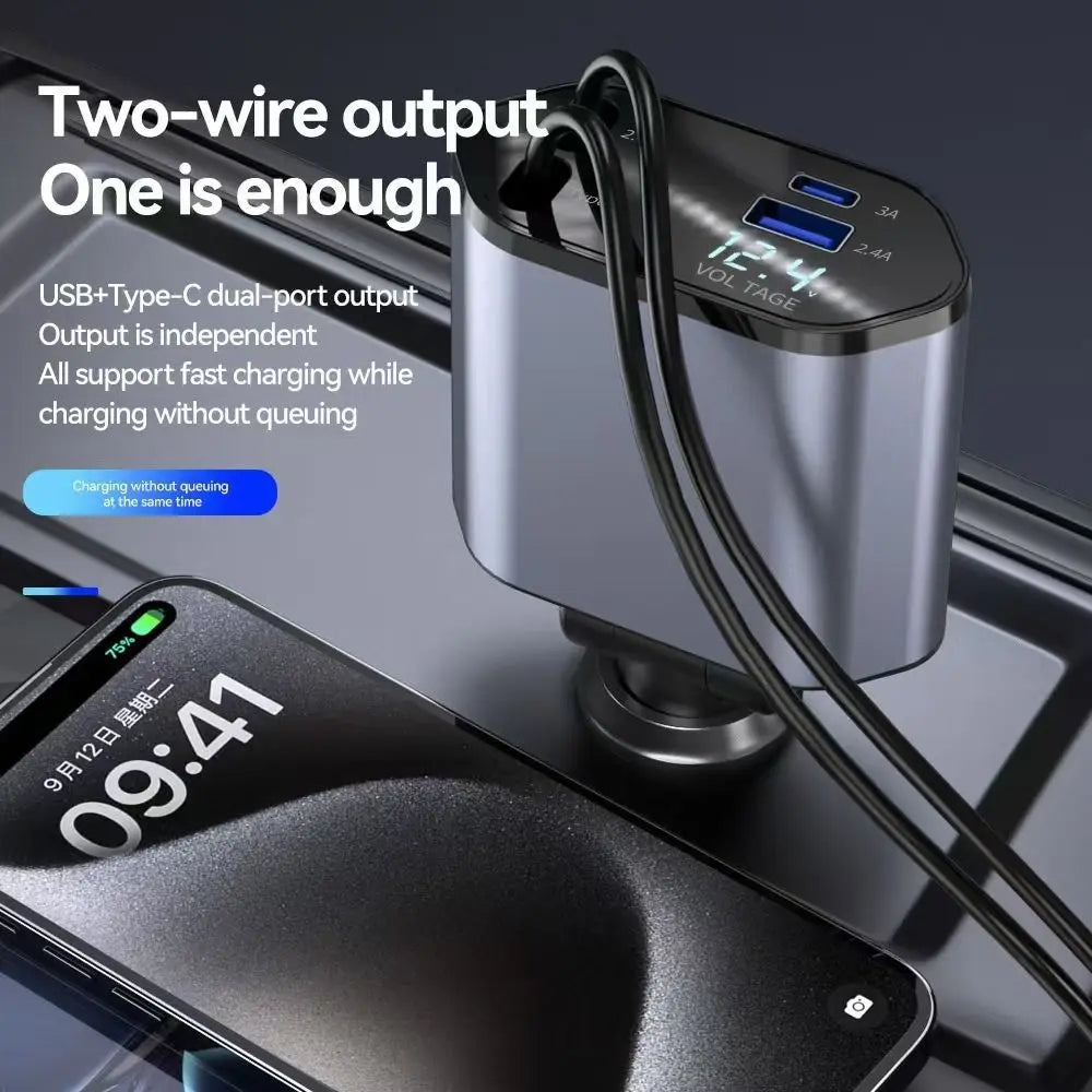Universal 4 IN 1 Car Charger Retractable Cable 120W Retractable Car Charger Fast Charge Cigarette Lighter Adapter For Cars Zpaxo