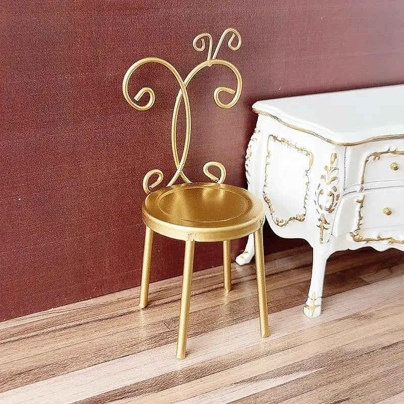 ▶1Pcs 1:12 Dollhouse Miniature Doll Accessories Iron Back Chair Furniture Home Model Decor Toy Doll House Accessories Zpaxo Gold