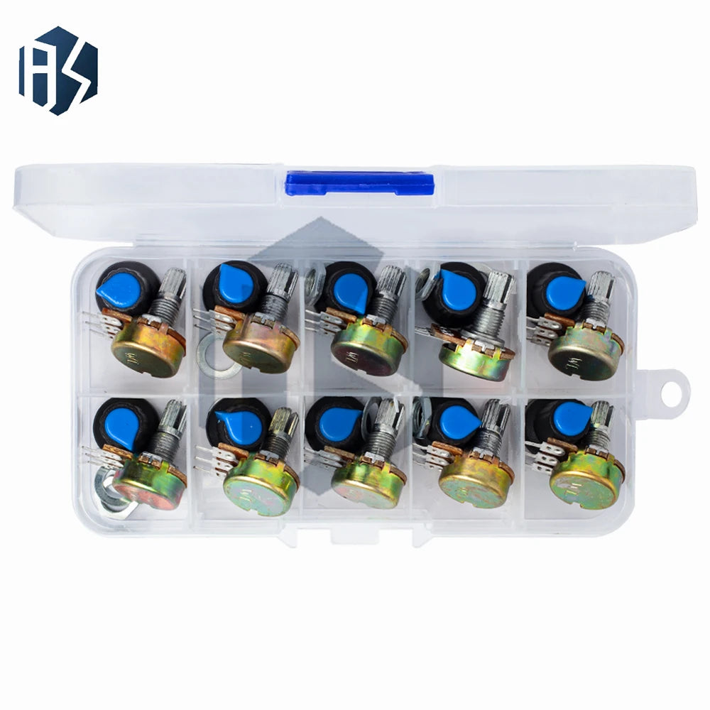 PC 15mm WH148 Linear Taper Rotary Potentiometer Kit 3-Pin B1K to 1M 10-Values with Protective Cap Zpaxo