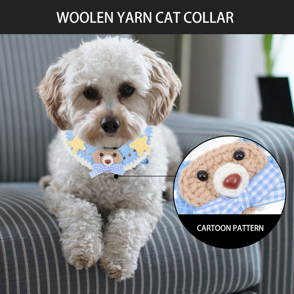 Adjustable Blue Bear Cartoon Knitted Woolen Yarn Cat Collar Cozy