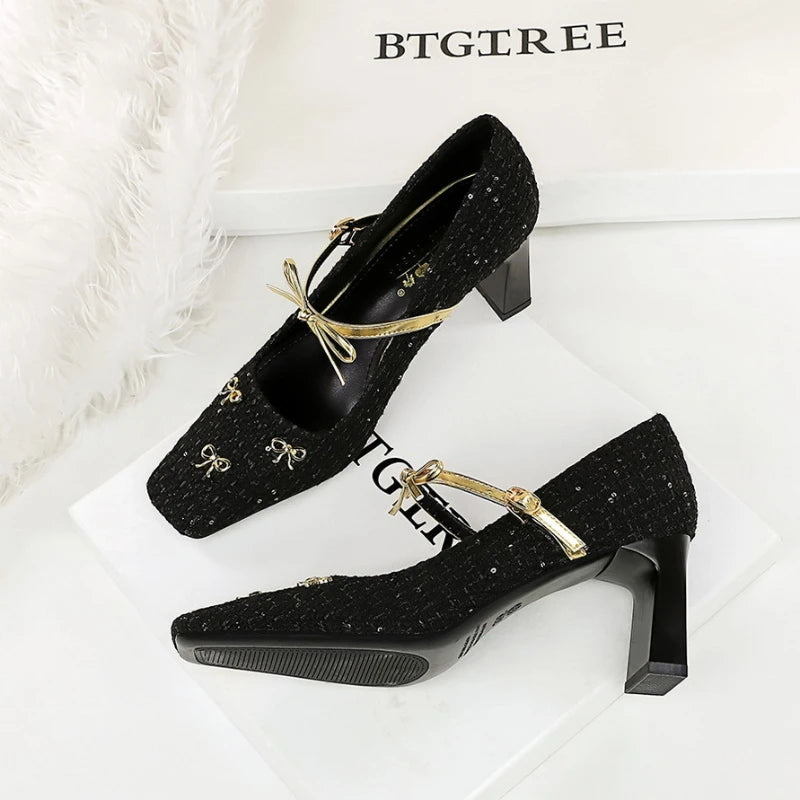 Tweed Heels Gold Bow Ankle Strap Block Heel Square Toe Elegant Pumps Zpaxo