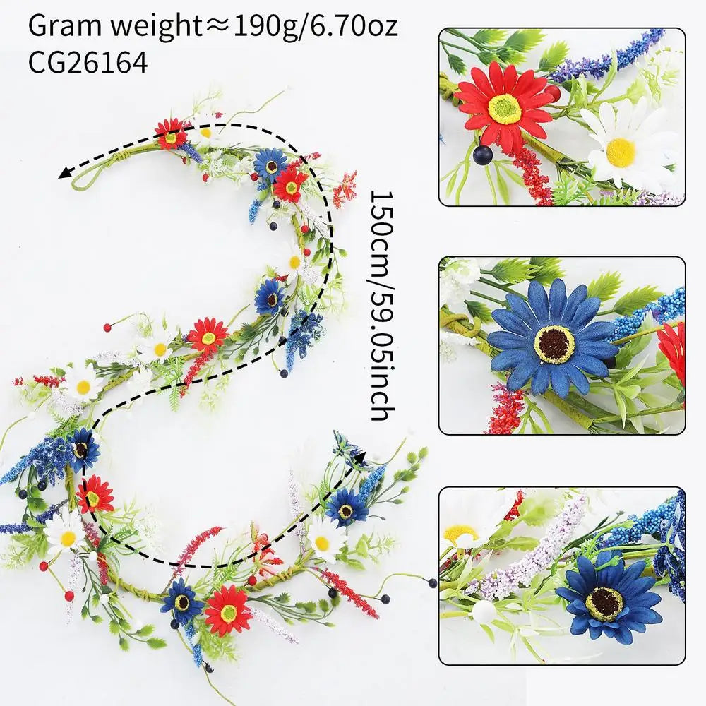 4th July Wreath 4 9Ft Red White Blue Daisy Garland Patriotic Decor